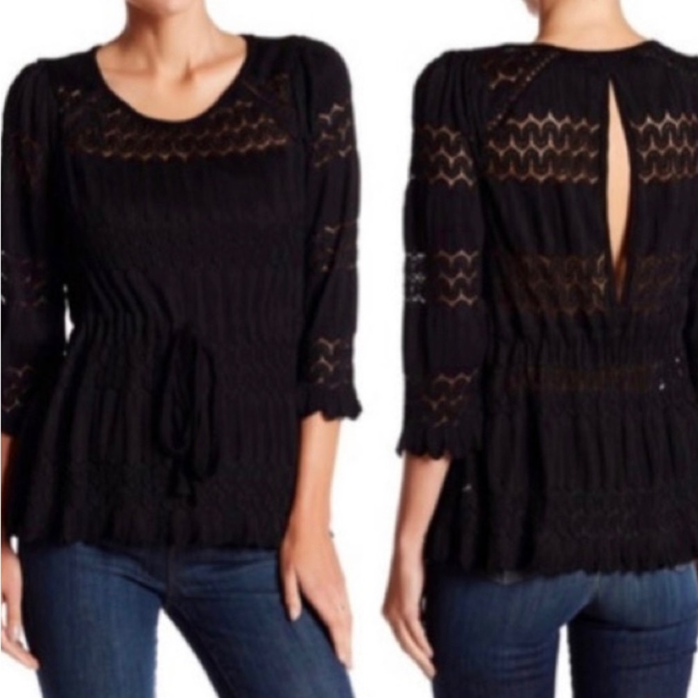 People Fire Island Knit  Black Woven Boho Blouse Size S